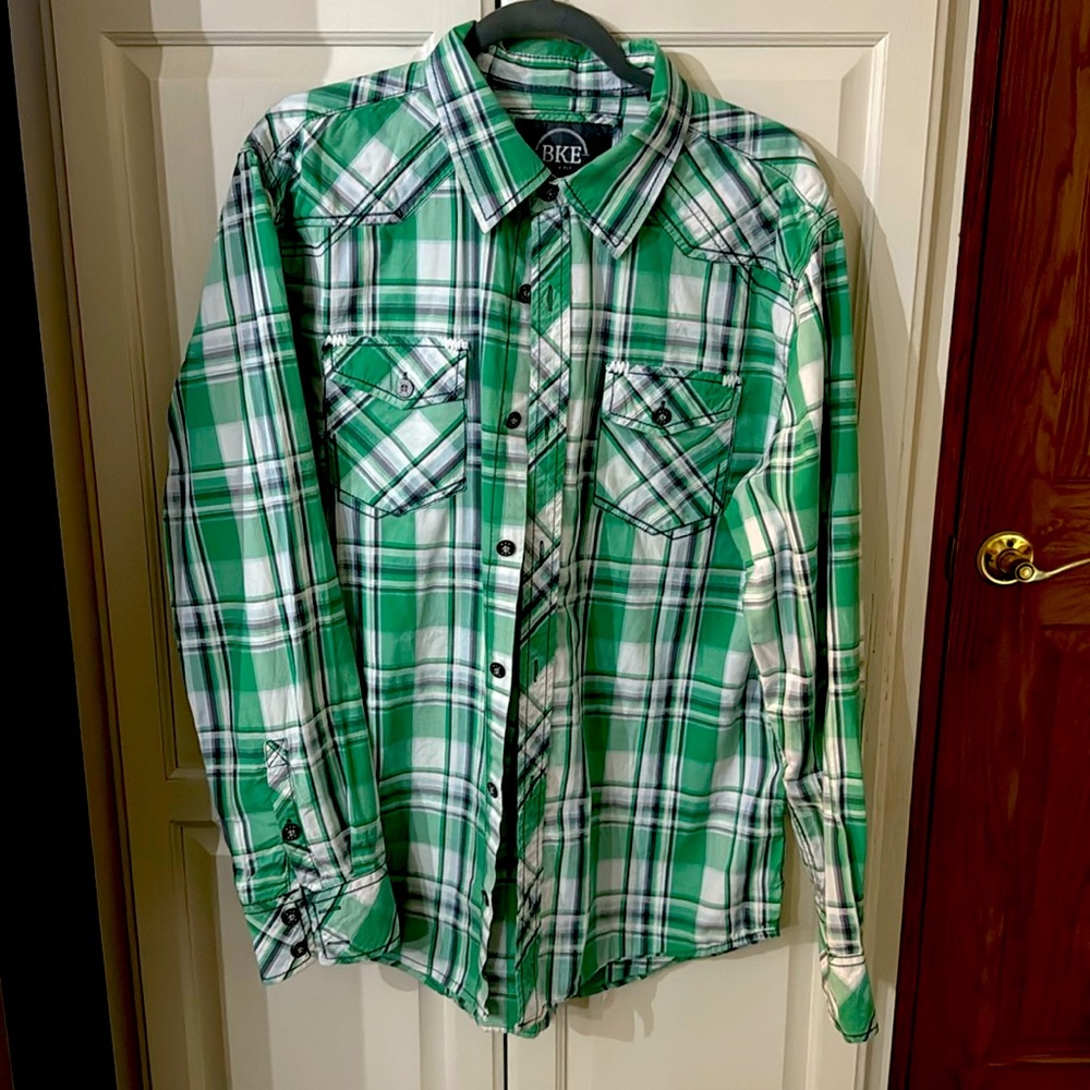 BKE Slim Fit Button Up Shirt Mens XL EASTER Tartan Plaid Cowboy Western